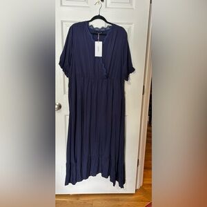 BloomChic Maxi Dress Women 22/24 3X Navy Blue Lace Trim V Neck Tiered Hem NWT